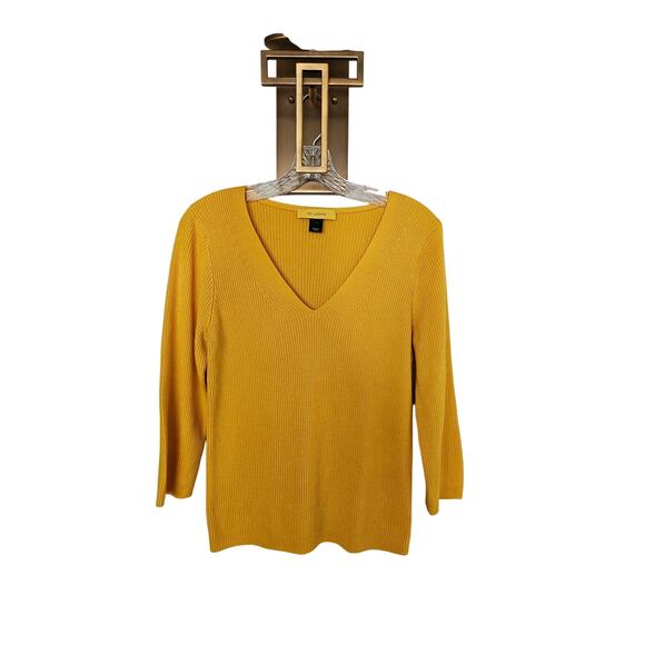 St. John Yellow Label Yellow Wool Silk Blend V-Neck Knit Sweater Size Large - Picture 1 of 10